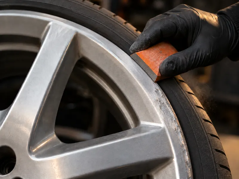 Technician sanding kerb rash off an alloy wheel