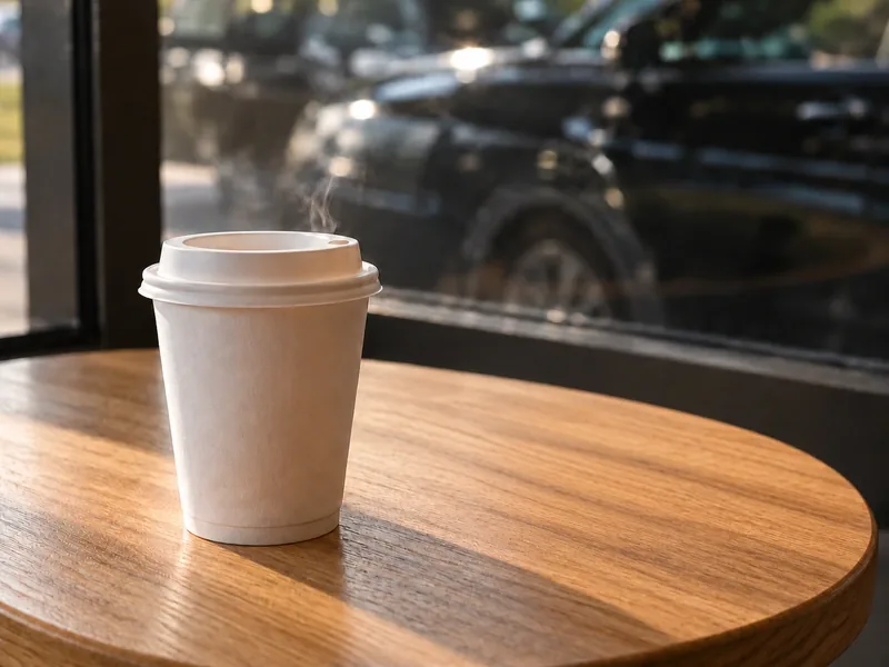 Coffee on a table while a car is washed outside