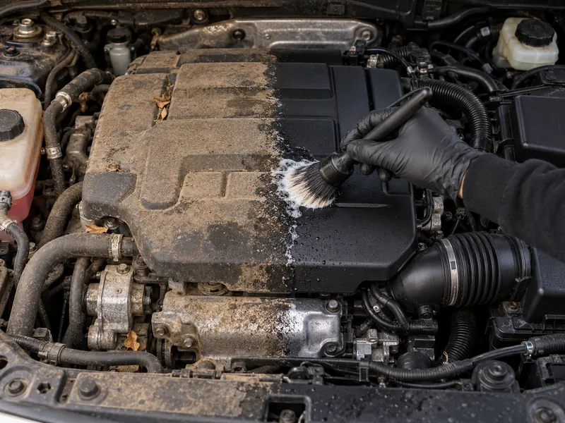 Engine bay being detailed, half dirty and half clean