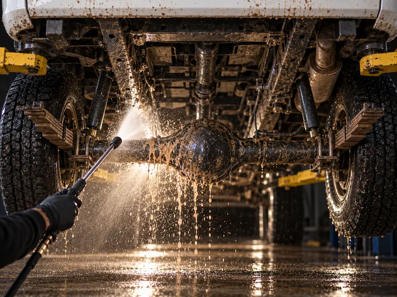 Pressure washing mud off the underside of a ute on a hoist